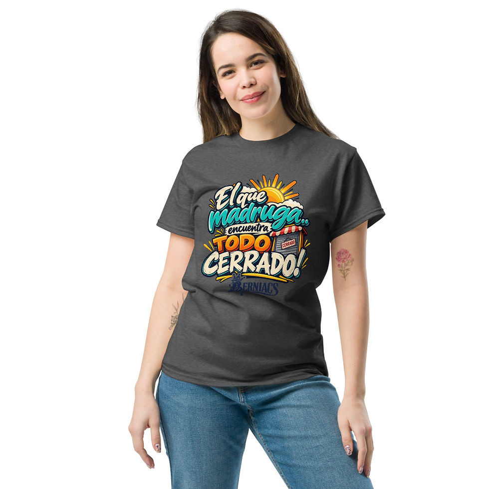 Thumbnail: Dark Heather Unisex black cotton t-shirt featuring vibrant El Que Madruga funny Latino graphic design — on women's model, front