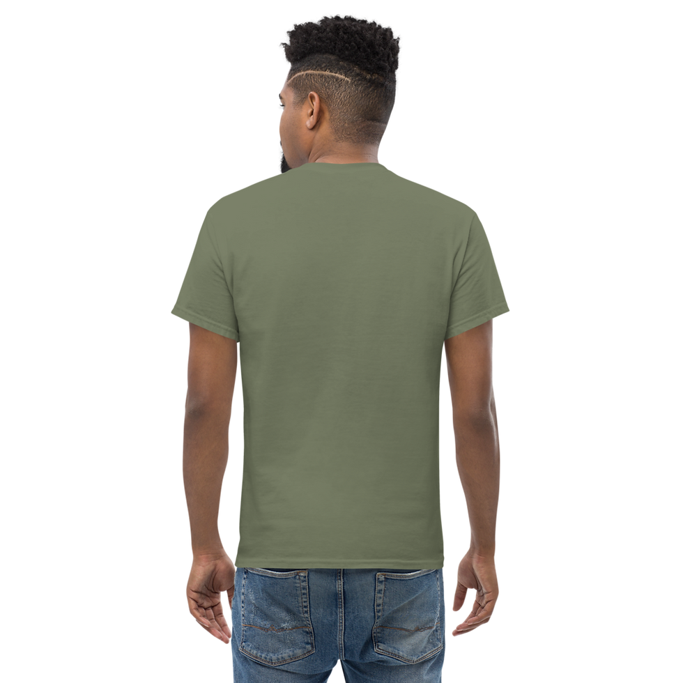 Thumbnail: Military Green Black unisex cotton t-shirt featuring La Ultima y Nos Vamos beer cheers graphic — on men's model, back
