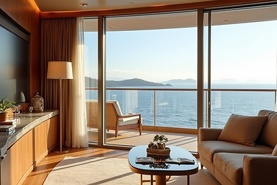 An elegant, opulent private suite on a luxury cruise ship, featuring plush furnishings and