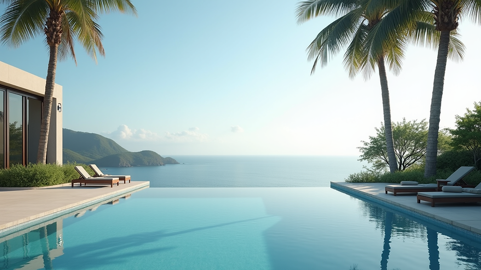 Eye-level view of a luxury villa overlooking a serene ocean