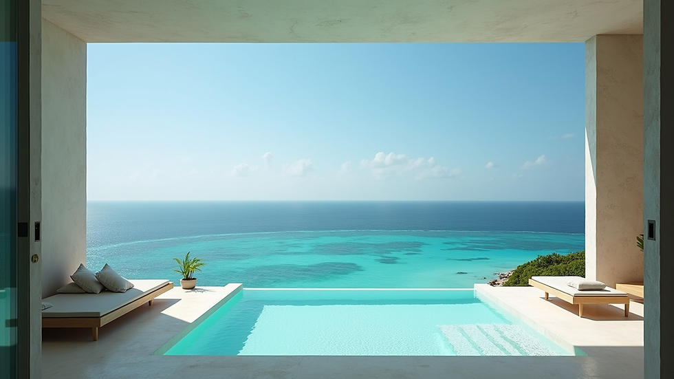 Eye-level view of a luxurious private villa overlooking a turquoise ocean