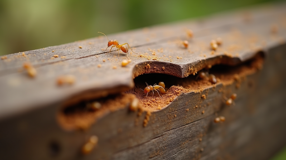 Close-up view of termite damage on wooden beam