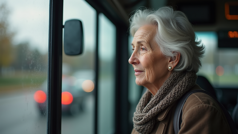 Close-up view of a senior woman boarding a community shuttle bus