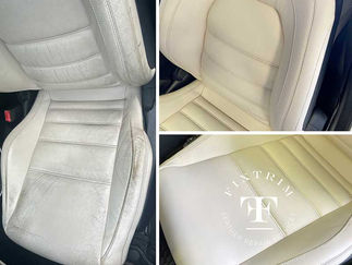 Before-and-after comparison of a cream leather car seat, showing surface wear and discolouration before restoration and an even finish afterward.