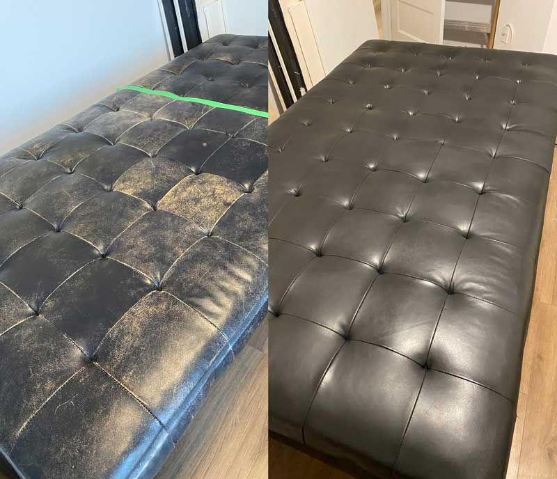 Before and after leather ottoman repair and recoloring—small tear repaired and color changed to a modern dark finish.