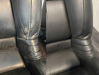 Split before-and-after of an Acura NSX black leather seat: worn, cracked side bolster on left; restored, refinished bolster on right.