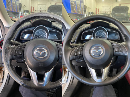 Before and after Mazda steering wheel restoration showing worn peeling leather repaired and refinished in black.