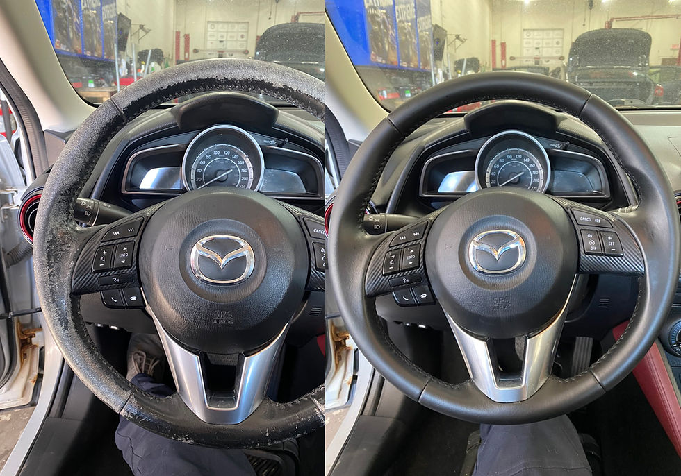 Before and after Mazda steering wheel restoration showing worn peeling leather repaired and refinished in black.
