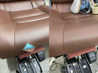 Before and after brown leather car seat tear repair, showing a torn seat panel restored with matching color and a smooth, professional finish.