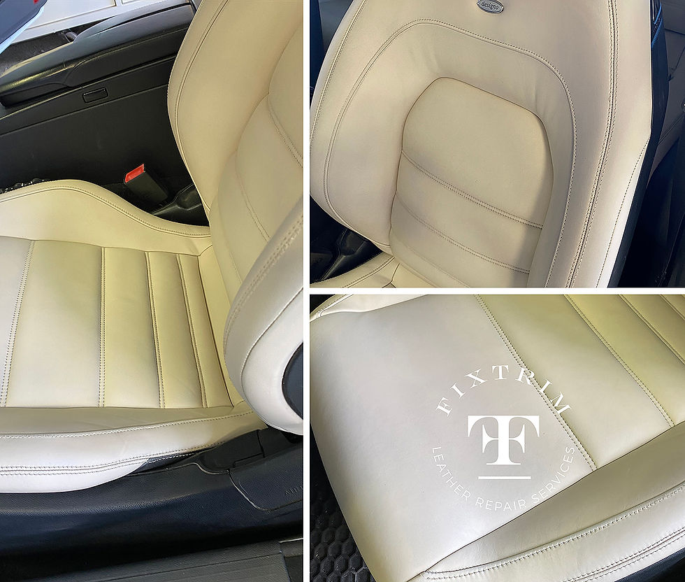 Restored cream-coloured Mercedes leather upholstery with refreshed colour and repaired surface wear across the backrest, bolsters and cushion. Professional leather seat restoration by Fixtrim, serving Montreal, Laval and the South Shore.