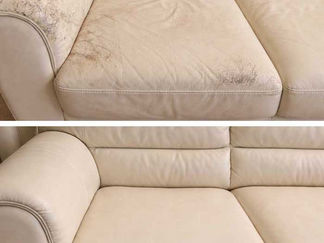 Before and after white leather couch cleaning, showing stained and dirty seat and armrest restored to a clean, refreshed finish.
