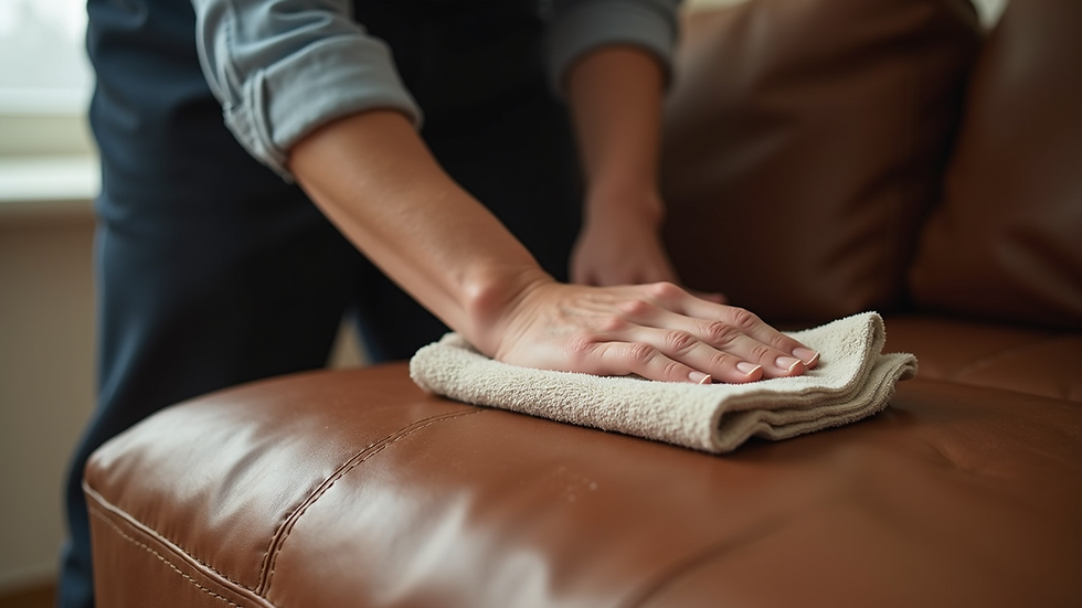 Eye-level view of a leather couch being conditioned with a soft cloth
