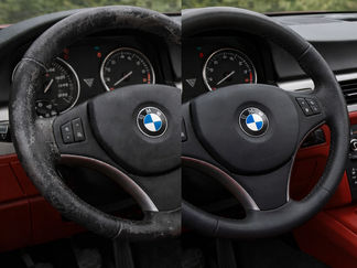 BMW steering wheel showing worn, faded leather on the rim before being cleaned and refinished.