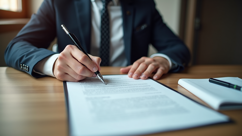 High angle view of a person signing legal documents at a desk