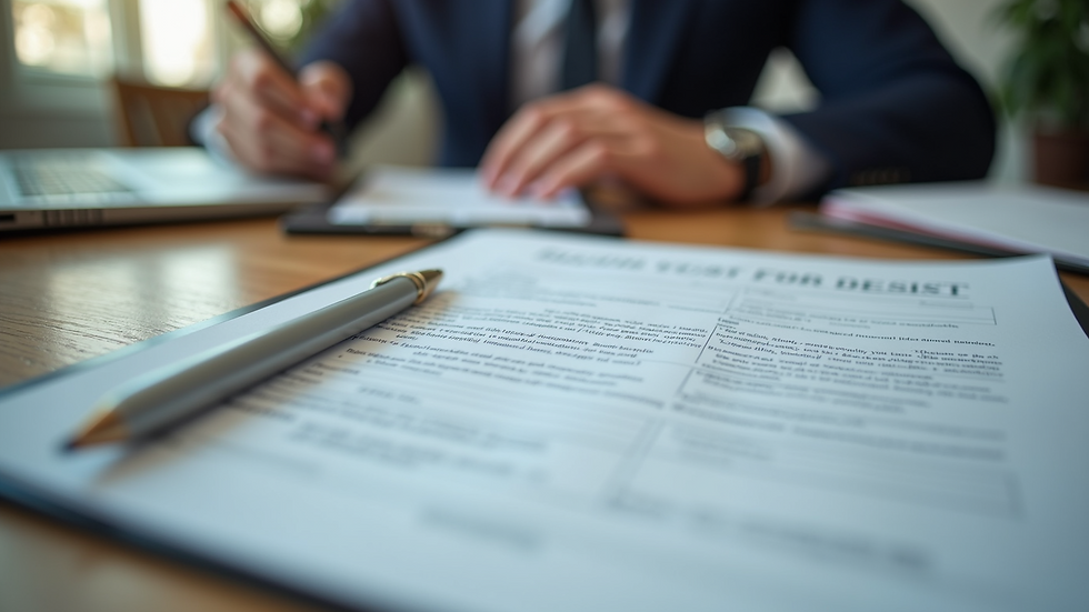 Close-up view of a person reviewing a debt assistance contract