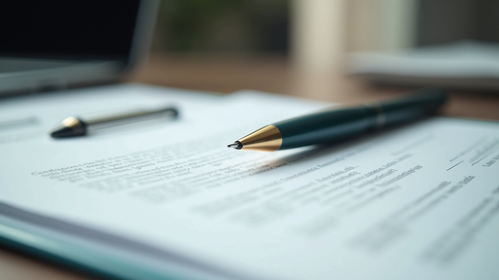 Close-up view of a legal document with a pen on top