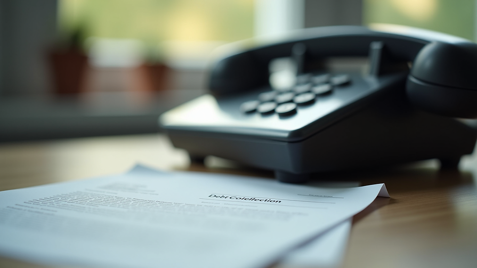Close-up view of a phone on a desk with a debt collection letter
