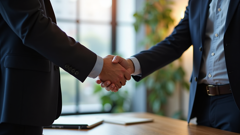 Eye-level view of a person shaking hands with a lawyer in an office