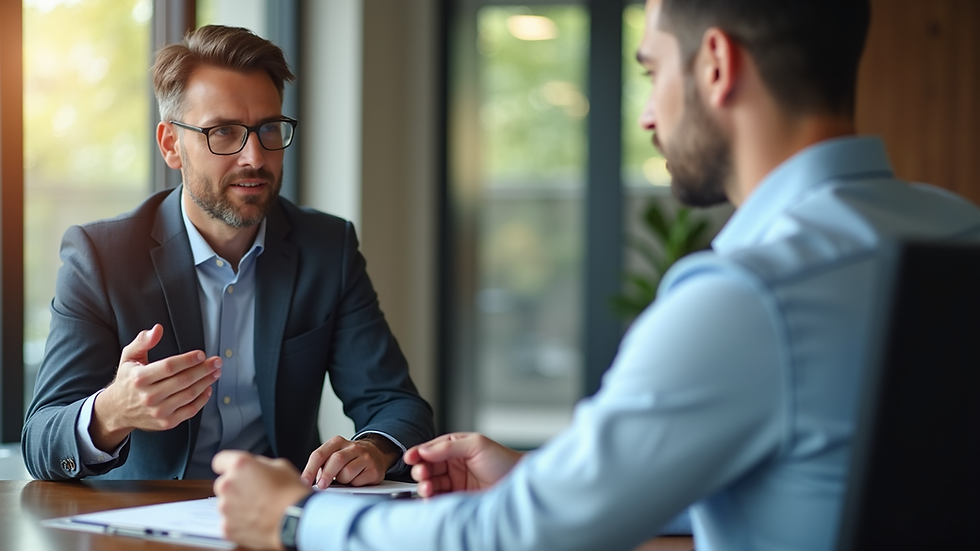 Eye-level view of a financial advisor explaining debt options to a client