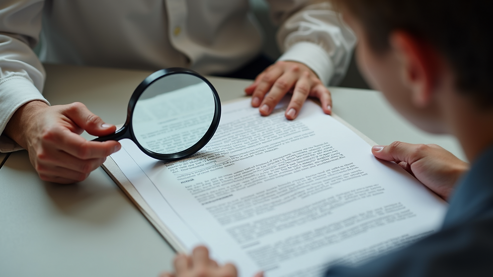 High angle view of a consumer reading a contract with a magnifying glass