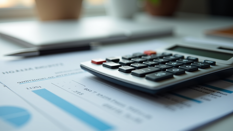 Close-up view of a calculator and financial documents on a desk