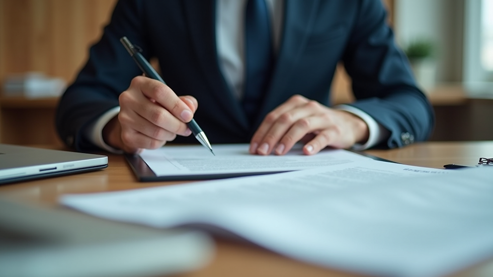 Close-up view of a person reviewing legal documents at a desk