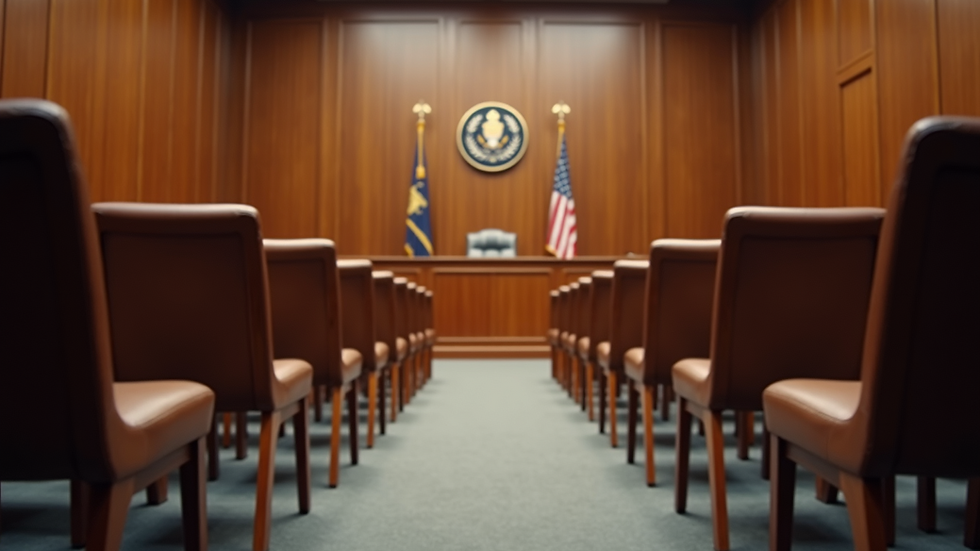 Eye-level view of a courtroom with empty chairs and a judge's bench