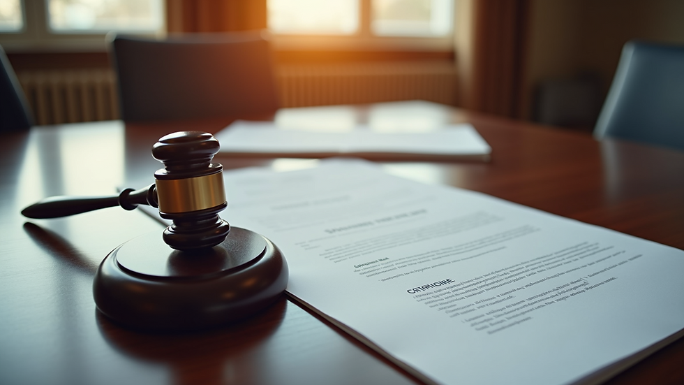 High angle view of a meeting room with legal documents and a gavel
