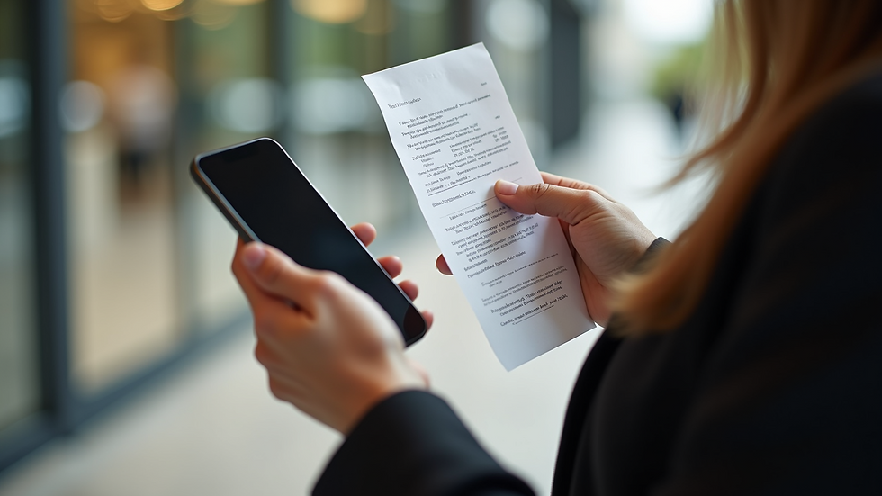 Close-up view of a person holding a receipt and a smartphone for online complaint
