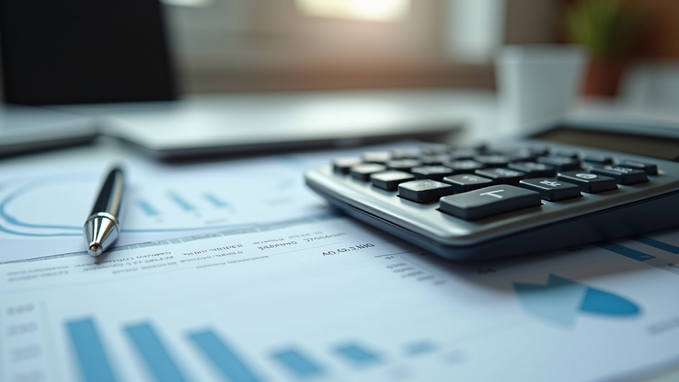Eye-level view of a calculator and financial documents on a desk