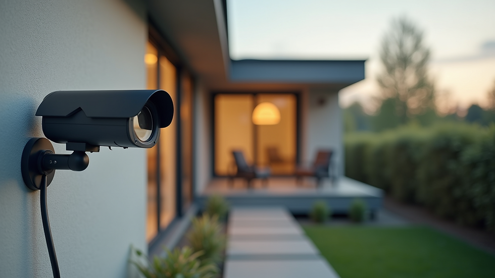 High angle view of a modern home with a security camera