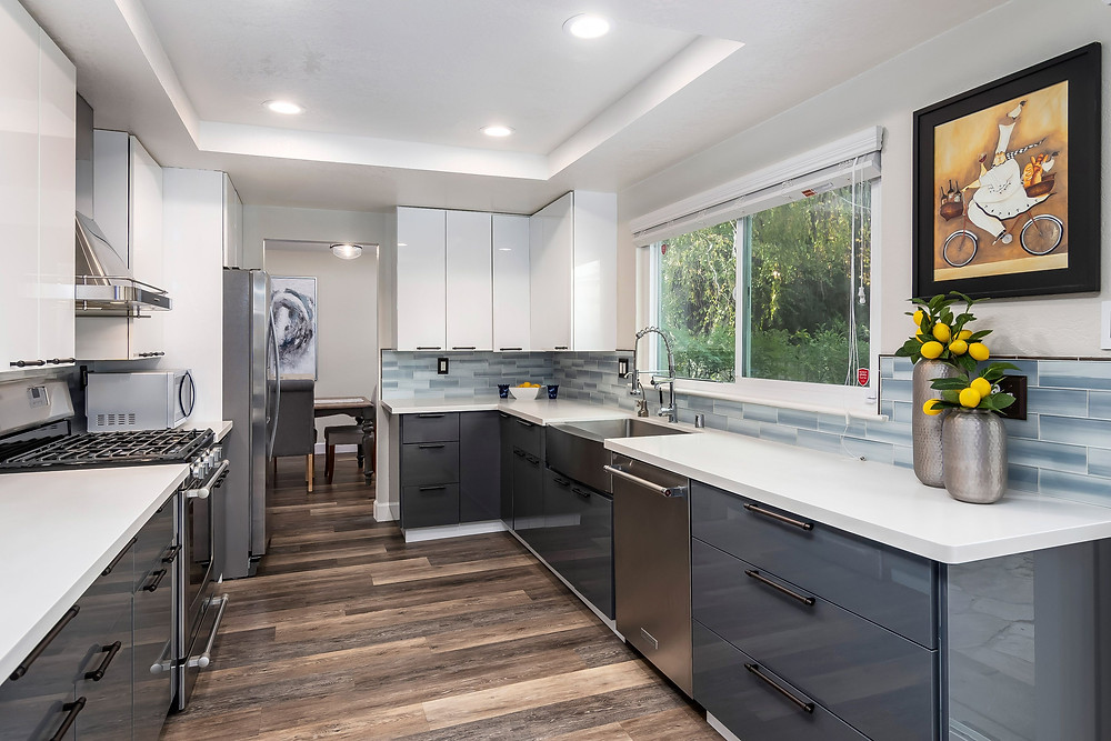 Gray and white kitchen at 357 San Marin Dr.