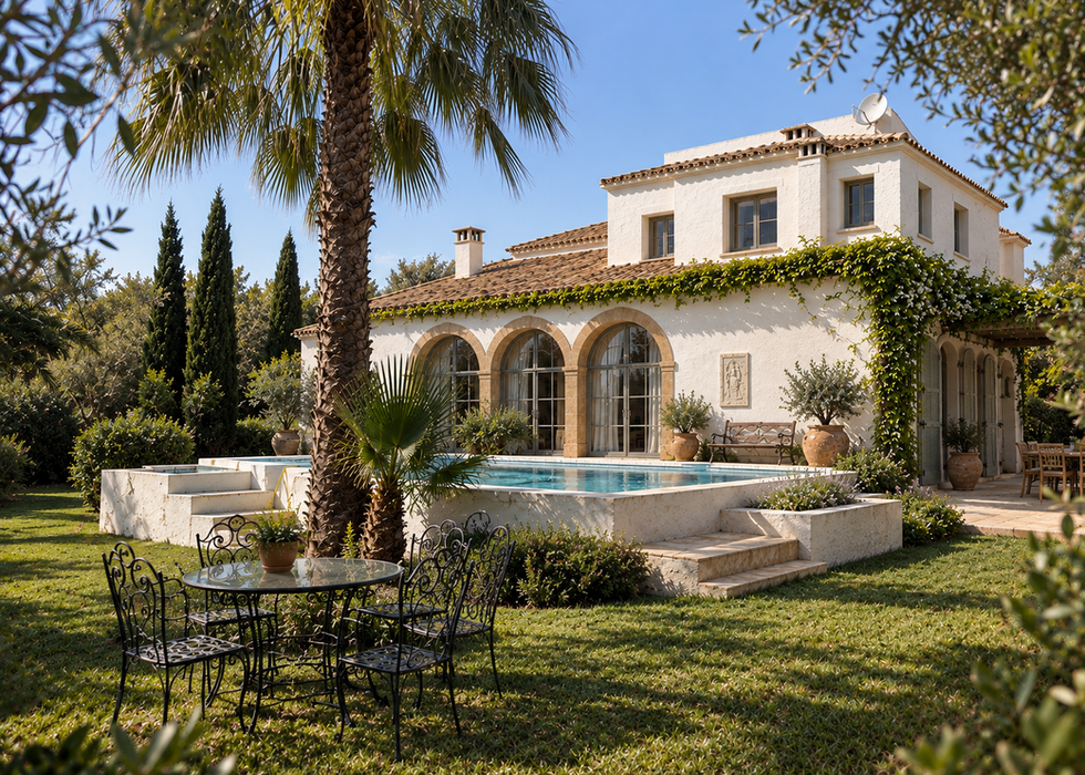Vivienda blanca de estilo mediterráneo con porche de arcos, piscina y palmera, proyecto de arquitectura