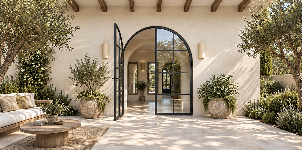 Patio mediterráneo con puerta de arco y plantas