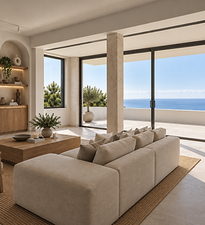 Living room with beige sofa and large windows overlooking the sea, renovated house in Malaga