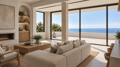 Salón con chimenea, hornacina en arco y grandes cristaleras con vistas al mar, reforma de vivienda en Torremolinos