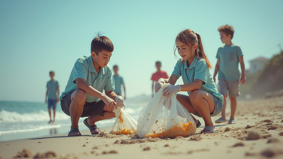 Eye-level view of students participating in a beach clean-up event
