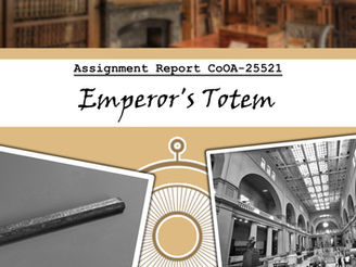 A file with the logo of candela obscura emblazoned on it. The label says "Assignment Report - CoOA-25521" and in handwriting underneath are the words "Emperor's Totem". On the left side of the file there is a black and white photo of an ancient stick totem with carvings on it. On the right side of the file there is a black and white photo of grand college hall with displays of archeology..
