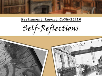 A file with the logo of candela obscura emblazoned on it. The label says "Assignment Report - CoOA-25416" and in handwriting underneath are the words "Self-Reflections". On the left side of the file there is a black and white photo of a shattered mirror. On the right side of the file there is a black and white photo of the interior of an old electric substation building.