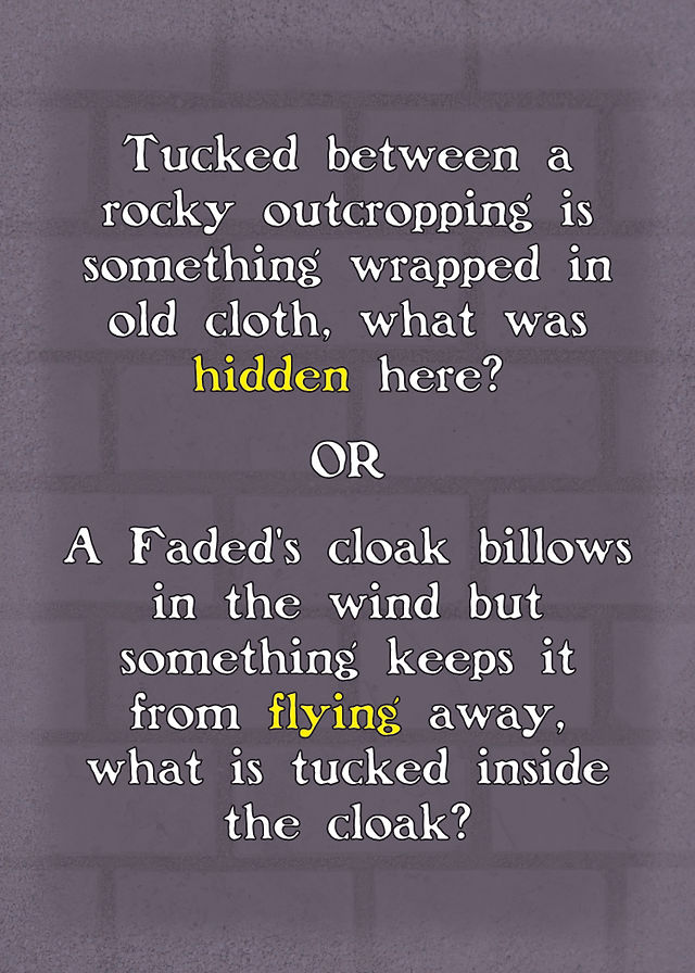 A playing card with dark sandstone in the background, sand along the border, and two prompts from the Project Dream.