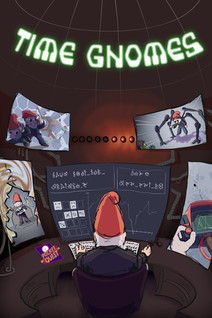 Looking at the back of a gnome sitting in a dark room in front of several computer screens. The primary one has strange symbols and readouts. The other four screens show different feeds of different gnomes in the middle of assignments. They are using strange sci-fi tech.