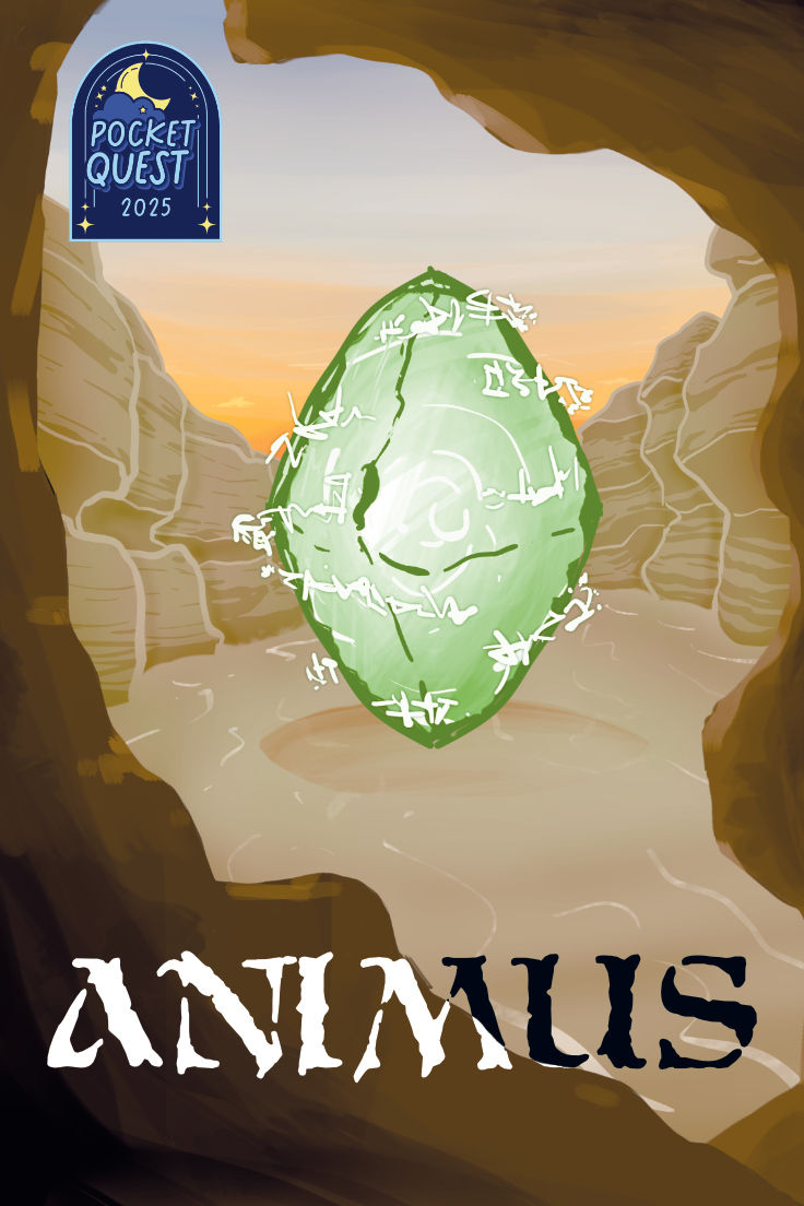 The cover of the TTRPG Animus. It features the words ANIMUS on the bottom and a green crystal portal floating in the middle of a desert canyon with a beautiful sunset in the background.
