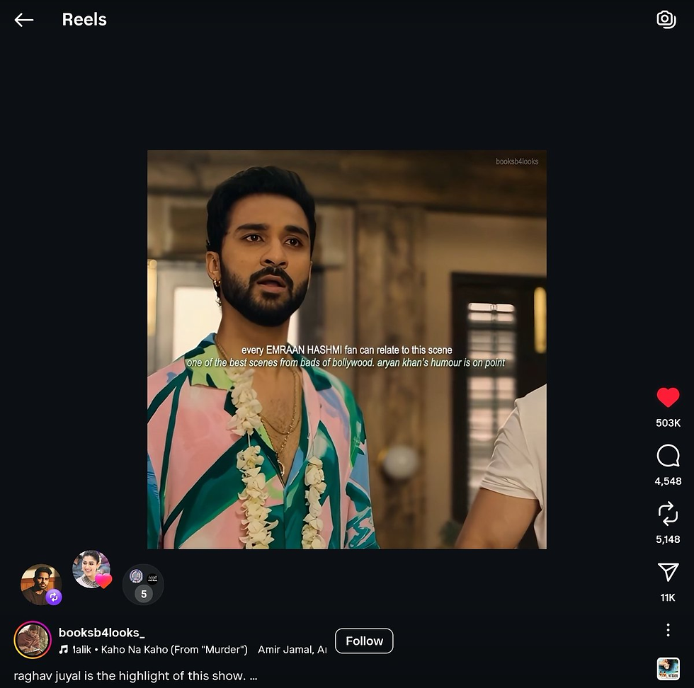Screenshot of a viral Instagram Reel highlighting a humorous scene from "Ba***ds of Bollywood" featuring Emraan Hashmi and Aryan Khan with high audience engagement