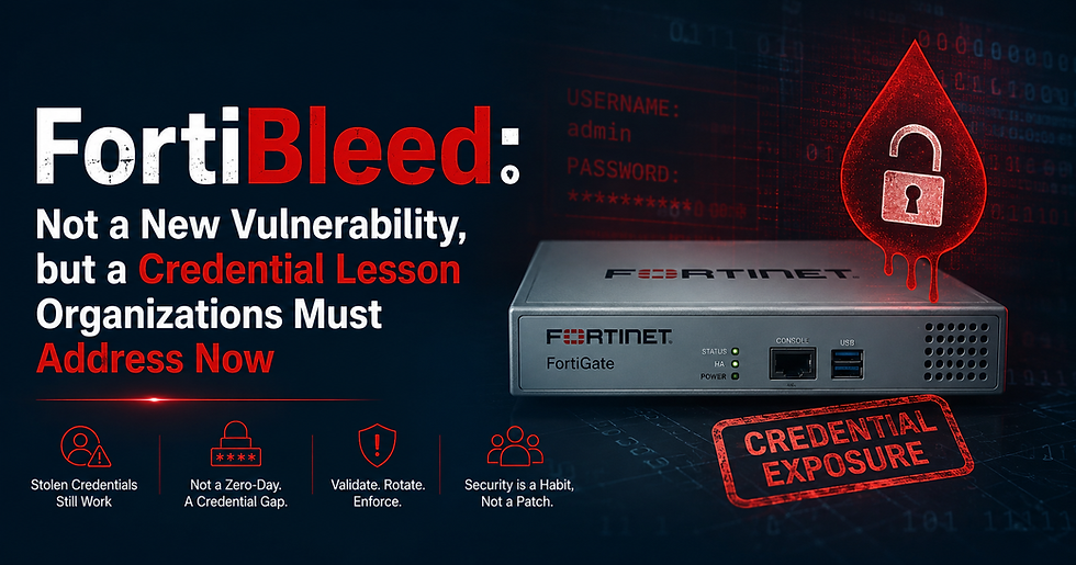 Cybersecurity poster with FortiGate firewall, red lock droplet, and text warning of FortiBleed credential exposure.