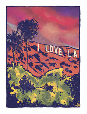 A California sunset and the Hollywood sign, but it says I LOVE LA.