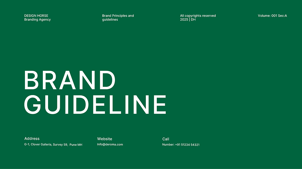 Minimalist green brand guideline cover for De Roma, featuring bold white typography and contact details
