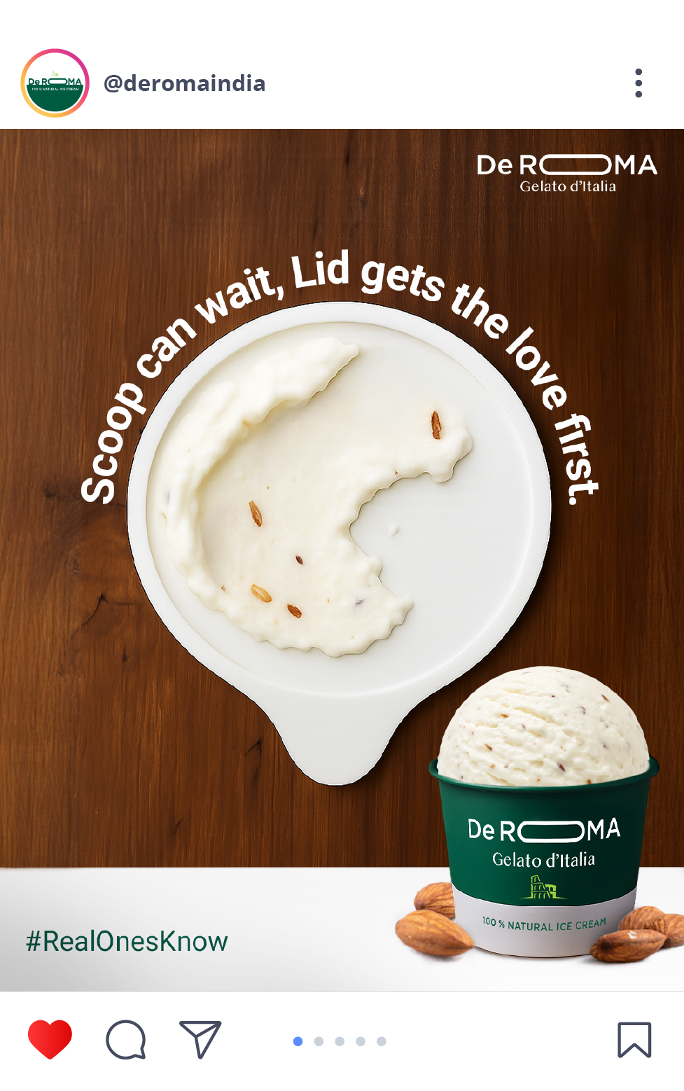 DeROMA Almond Gelato – 100% natural Italian ice cream. Creamy, nutty, and loved from the lid first. #RealOnesKnow
