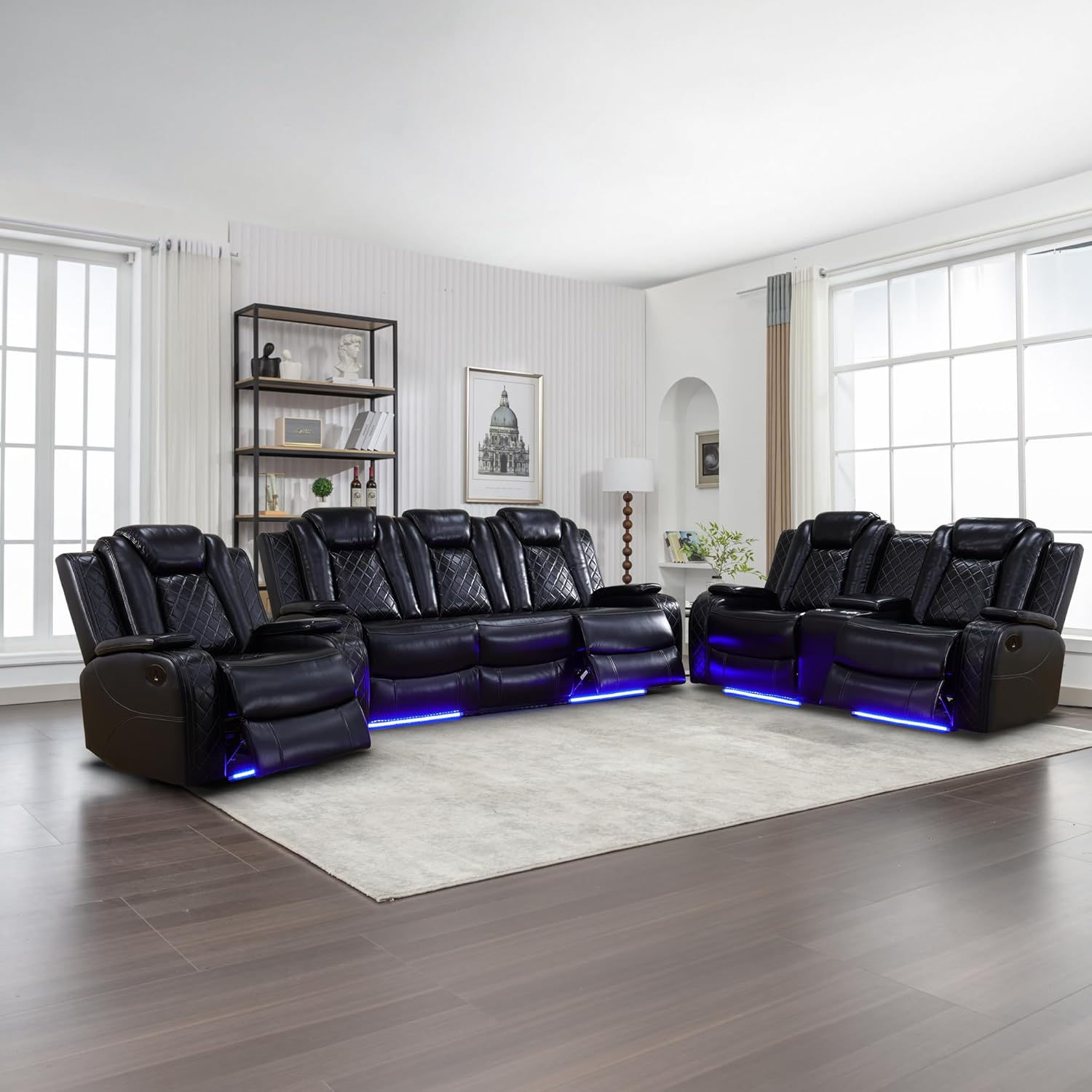 3 Recliner Sofa Set with LED Lights, Leather Set with USB Port/Storage Console/