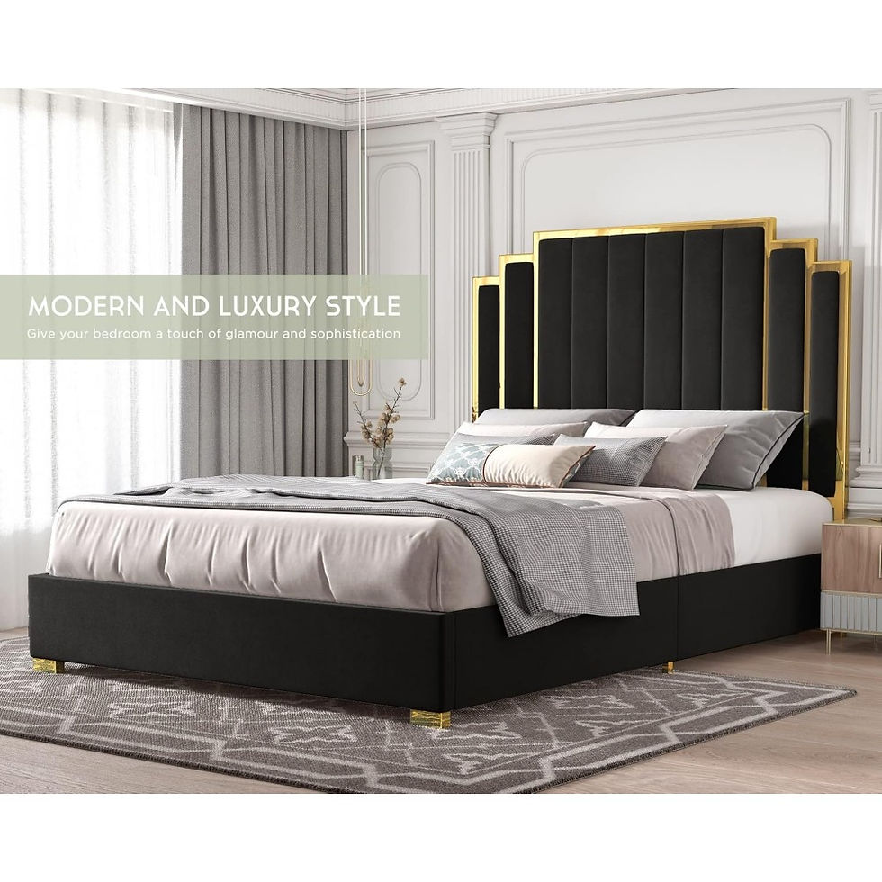 Thumbnail: King Size Bed Frame and 65" Headboard, Upholstered bed with Golden Plating Trim