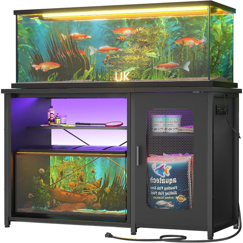 55-75 Gallon Aquarium Stand with Power Outlets & LED Light, Reversible Fish Tan